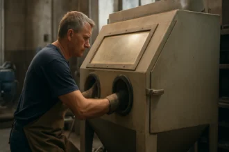 Pracovník pri pieskovacej kabíne, bezpečné a efektívne použitie