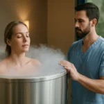 Žena v kryokamu s terapeutom, ktorý vykonáva kryoterapiu