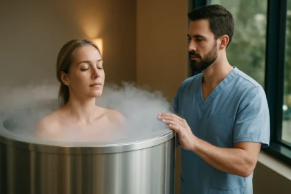Žena v kryokamu s terapeutom, ktorý vykonáva kryoterapiu