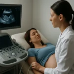 Tehotná žena na ultrazvukovom vyšetrení s lekárkou