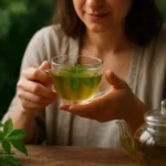 Žena drží šálku jiaogulan čaju, ktorý je známy svojimi zdravotnými výhodami.