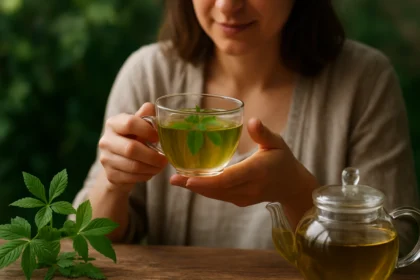 Žena drží šálku jiaogulan čaju, ktorý je známy svojimi zdravotnými výhodami.