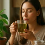 Žena vychutnáva žihľavový čaj pri domácej rastline