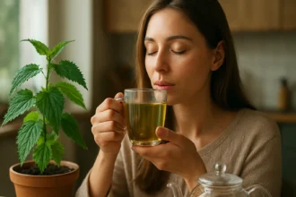 Žena vychutnáva žihľavový čaj pri domácej rastline