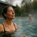 Žena relaxuje vo termálnom bazéne, užívajúc si liečivú vodu.