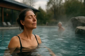 Žena relaxuje vo termálnom bazéne, užívajúc si liečivú vodu.