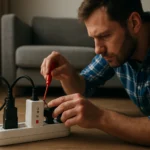 Muž kontroluje prepäťovú ochranu v elektrickej sieti.