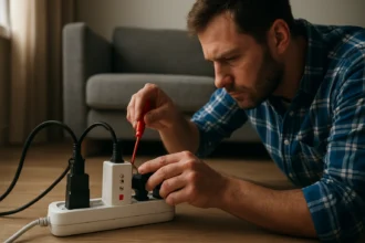 Muž kontroluje prepäťovú ochranu v elektrickej sieti.