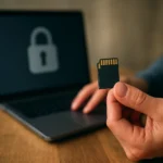 Osoba drží pamäťovú kartu pred zabezpečeným počítačom.