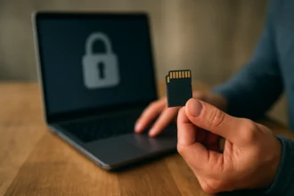 Osoba drží pamäťovú kartu pred zabezpečeným počítačom.