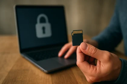 Osoba drží pamäťovú kartu pred zabezpečeným počítačom.