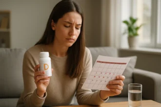 Žena drží doplnok vitamínu D a menštruačný kalendár s prekvapeným výrazom.