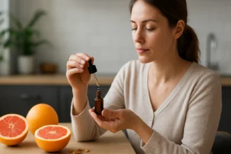 Žena kvapká extrakt z grapefruitových jadierok do sklenenej fľaše.