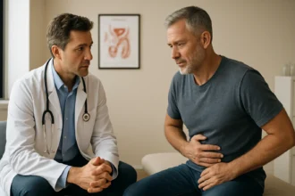 Muž diskutuje so svojím lekárom o zdraví prostaty.