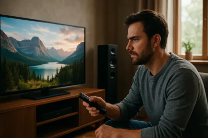 Muž sledujúci televíziu s prírodným scenériou na obrazovke