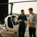 Dva muži diskutujú pri gyrokoptére na letisku.