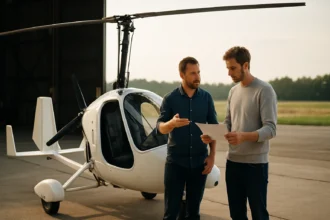 Dva muži diskutujú pri gyrokoptére na letisku.