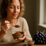 Žena s mletými hroznovými jadrami a čerstvým hroznom.