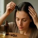 Žena aplikuje ricínový olej na vlasy pomocou pipety.