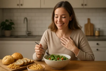 Žena si vychutnáva zdravý bezlepkový šalát v modernej kuchyni