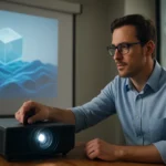 Muž upravuje 3D projektor s vyžarovaným priestorovým obrazom.