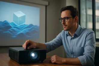 Muž upravuje 3D projektor s vyžarovaným priestorovým obrazom.