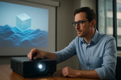 Muž upravuje 3D projektor s vyžarovaným priestorovým obrazom.