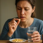 Žena zvažuje užitie vitamínu B1 so sklom vody.