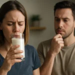 Žena pije mlieko s obavami, zatiaľ čo muž ju pozoruje.