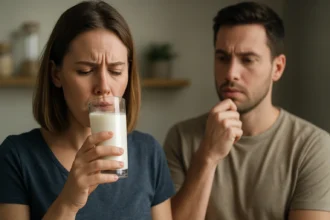 Žena pije mlieko s obavami, zatiaľ čo muž ju pozoruje.