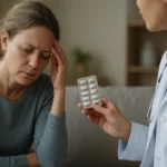 Žena s nepríjemnými pocitmi sa konzultuje s lekárom o liečbe.