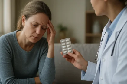 Žena s nepríjemnými pocitmi sa konzultuje s lekárom o liečbe.