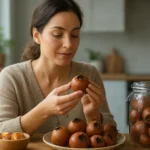 Žena skúma zrelé mišpule na stole, prírodný zdroj zdravia.