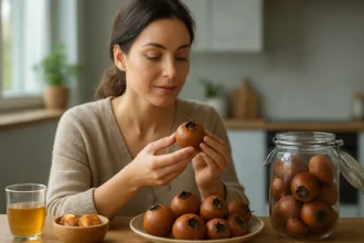 Žena skúma zrelé mišpule na stole, prírodný zdroj zdravia.