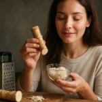 Žena drží čerstvý chren a misu s nastrúhaným chrenom