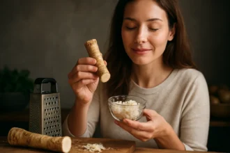 Žena drží čerstvý chren a misu s nastrúhaným chrenom