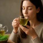 Žena užívajúca si šálku čaju z prasličky v pohodlí domova.