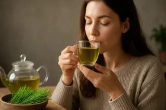 Žena užívajúca si šálku čaju z prasličky v pohodlí domova.