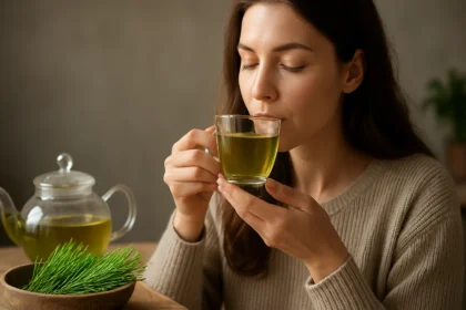 Žena užívajúca si šálku čaju z prasličky v pohodlí domova.