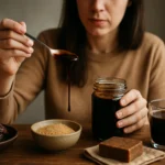 Žena s lyžicou melasy a pohárom nápoja na drevenom stole