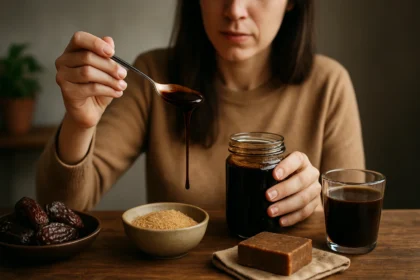 Žena s lyžicou melasy a pohárom nápoja na drevenom stole