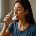 Žena pije vodu z pohára na zlepšenie hydratácie a zdravia.