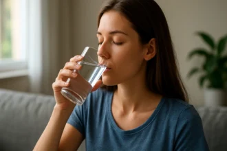 Žena pije vodu z pohára na zlepšenie hydratácie a zdravia.