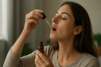 Žena používa GINepp kvapky na podporu zdravia a imunity.