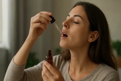 Žena používa GINepp kvapky na podporu zdravia a imunity.