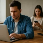 Mladý muž s vážnym výrazom pracuje na laptopu, zatiaľ čo žena používa mobil.