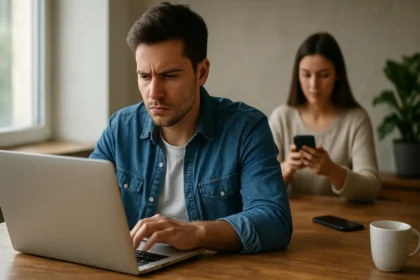 Mladý muž s vážnym výrazom pracuje na laptopu, zatiaľ čo žena používa mobil.