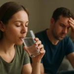 Žena pije vodu, zatiaľ čo muž s bolesťou hlavy sedí blízko.