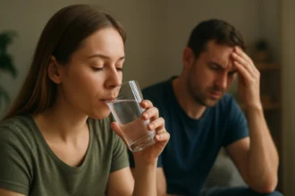 Žena pije vodu, zatiaľ čo muž s bolesťou hlavy sedí blízko.