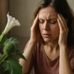 Žena trpiaca bolesťami hlavy v blízkosti rastliny durman obyčajný.